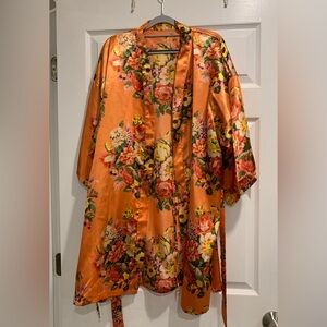 Floral Satin Kimono Robe - Orange/Coral- One Size